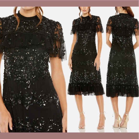 NWT Mac Duggal [ 14 ] Sequined High Neck Ruffled Flutter Sleeve Midi Dress Black - Picture 1 of 15